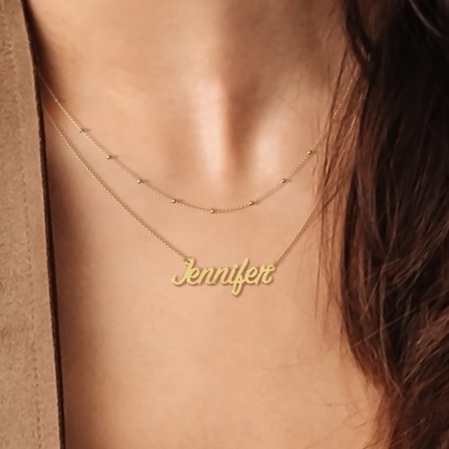 Personalized Name Necklace Layering Set with Ball Station Chain – 18K Gold Plated Silver