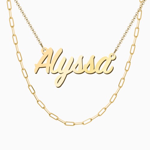 Personalized Name Necklace Layering Set with Paper Clip Chain – 18K Gold Plated Silver