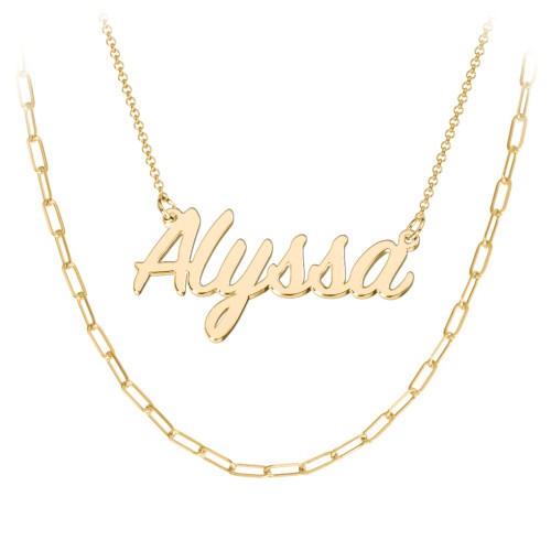 Personalized Name Necklace Layering Set with Paper Clip Chain – 18K Gold Plated Silver