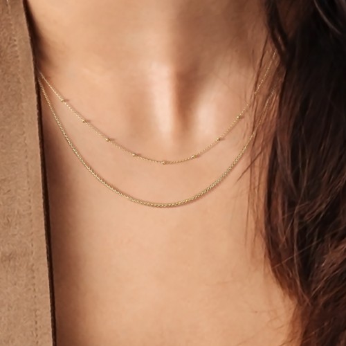 Personalized Necklace Layering Set with Ball Station Chain and Cable Chain – 18K Gold Plated Silver