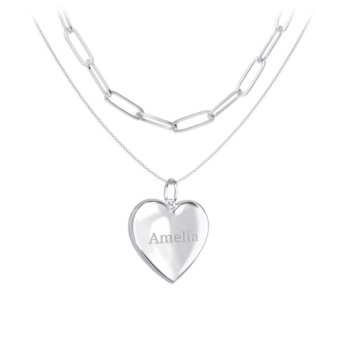 Engravable Heart Locket Necklace Layering Set with Paper Clip Chain