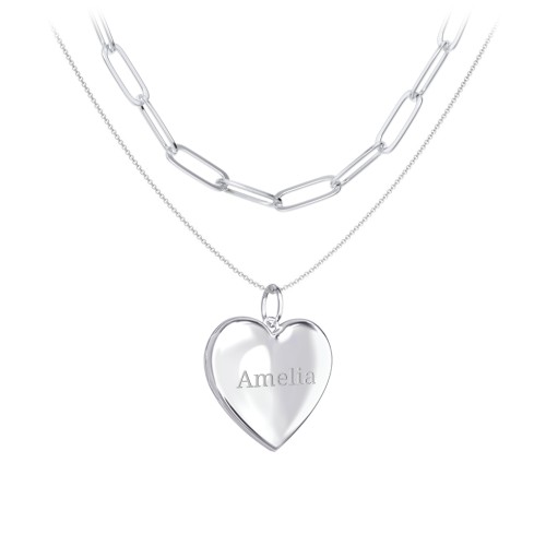 Engravable Heart Locket Necklace Layering Set with Paper Clip Chain – Sterling Silver