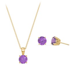 Solitaire Birthstone Necklace and Earrings Set in 10K Solid Yellow Gold with Amethyst