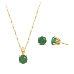 Solitaire Birthstone Necklace and Earrings Set in 10K Solid Yellow Gold with Emerald