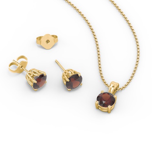 Solitaire Birthstone Necklace and Earrings Set – 10K Yellow Gold with Garnet