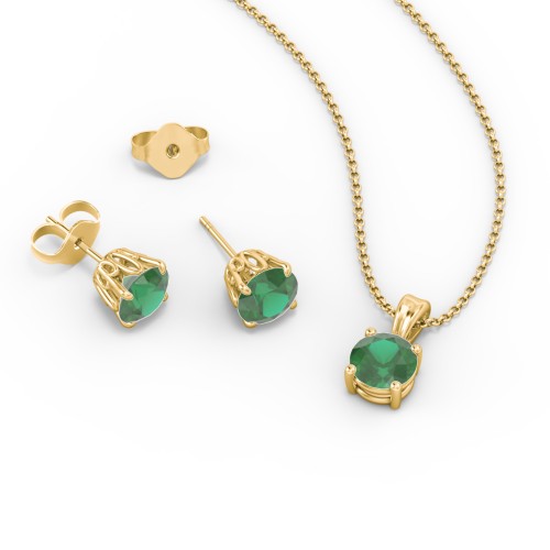 Solitaire Birthstone Necklace and Earrings Set – 10K Yellow Gold with Emerald