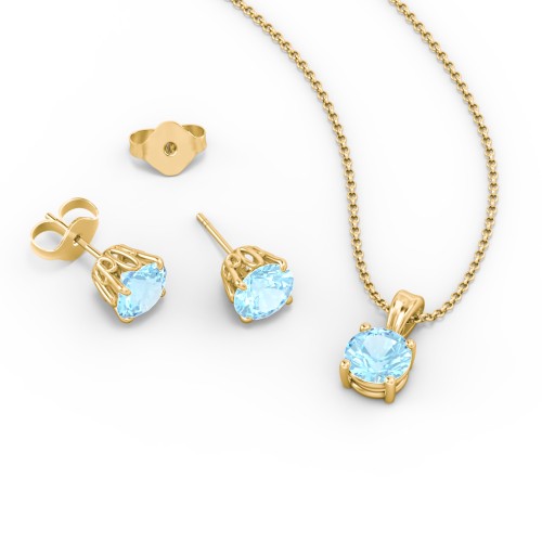 Solitaire Birthstone Necklace and Earrings Set – 10K Yellow Gold with Blue Topaz