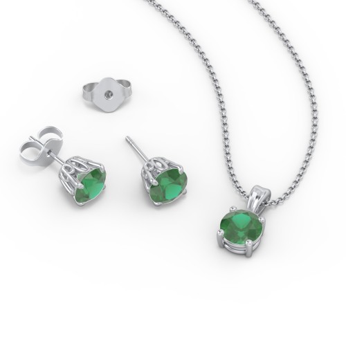 Solitaire Birthstone Necklace and Earrings Set – Sterling Silver with Emerald