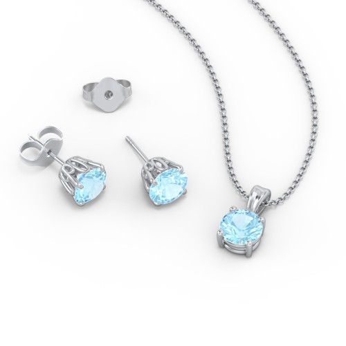 Solitaire Birthstone Necklace and Earrings Set – Sterling Silver with Blue Topaz