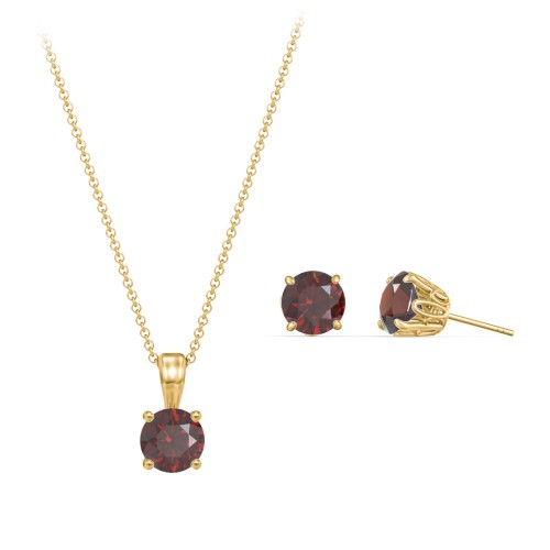 Solitaire Birthstone Necklace and Earrings Set – 10K Yellow Gold with Garnet