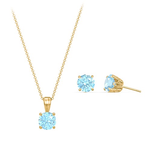 Solitaire Birthstone Necklace and Earrings Set – 10K Yellow Gold with Blue Topaz