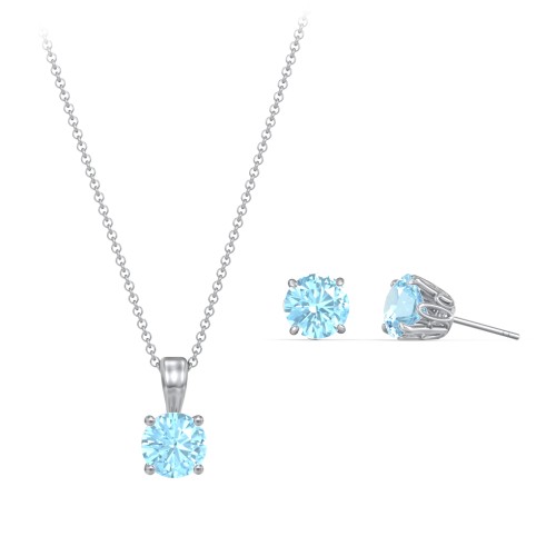 Solitaire Birthstone Necklace and Earrings Set – Sterling Silver with Blue Topaz