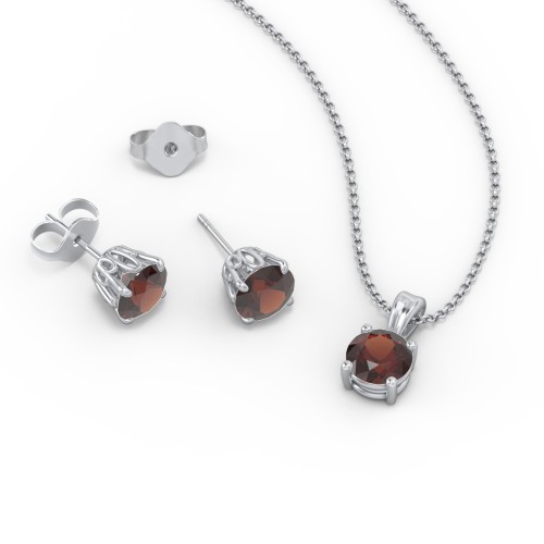 Solitaire Birthstone Necklace and Earrings Set – Sterling Silver with Garnet
