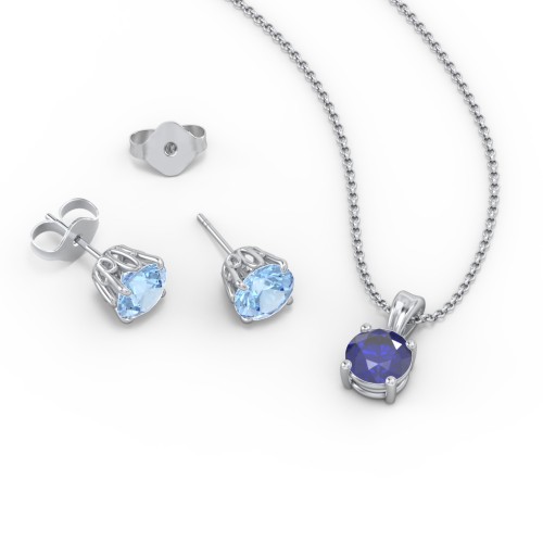 Solitaire Birthstone Necklace and Earrings Set – Sterling Silver with Blue Sapphire and Blue Topaz