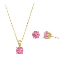 Solitaire Birthstone Necklace and Earrings Set in 10K Solid Yellow Gold with Pink Tourmaline