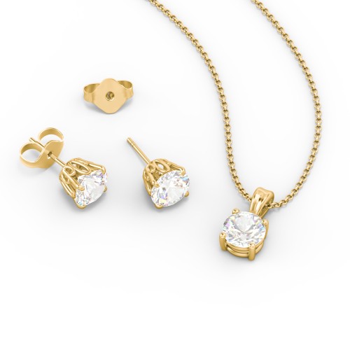 Solitaire Birthstone Necklace and Earrings Set – 10K Yellow Gold with Cubic Zirconia