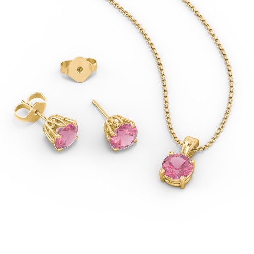 Solitaire Birthstone Necklace and Earrings Set – 10K Yellow Gold with Pink Tourmaline