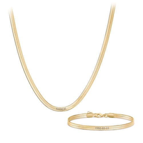 Engravable Herringbone Chain and Bracelet Set in Yellow Ion-Plated Steel