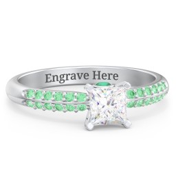 1/2 ct. Princess Gemstone Peek-A-Boo Engagement Ring with Double Row Accents in 925 Sterling Silver with White Premium Zirconia, Green Premium Zirconia, and Emerald