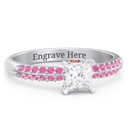 1/2 ct. Princess Gemstone Peek-A-Boo Engagement Ring with Double Row Accents in 925 Sterling Silver with White Premium Zirconia, Red Premium Zirconia, and Garnet