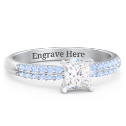 1/2 ct. Princess Gemstone Peek-A-Boo Engagement Ring with Double Row Accents in 925 Sterling Silver with White Premium Zirconia, Fancy Blue Premium Zirconia, and Blue Topaz