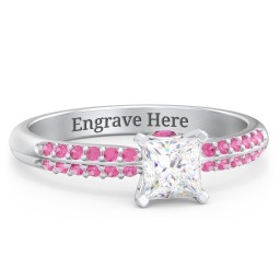 1/2 ct. Princess Gemstone Peek-A-Boo Engagement Ring with Double Row Accents in 925 Sterling Silver with White Premium Zirconia, Red Premium Zirconia, and Ruby