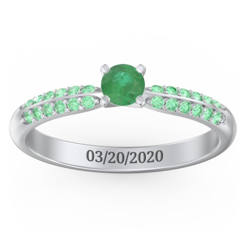 1/4 ct. Round Gemstone Engagement Ring with Double Row Accents – Sterling Silver with Emerald and Green Premium Zirconia