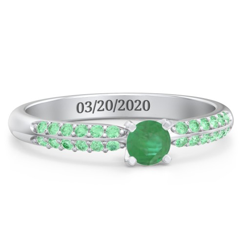 1/4 ct. Round Gemstone Engagement Ring with Double Row Accents – Sterling Silver with Emerald and Green Premium Zirconia