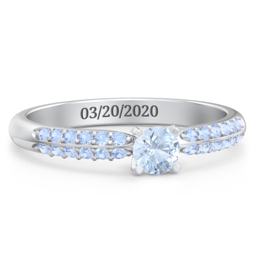 1/4 ct. Round Gemstone Engagement Ring with Double Row Accents – Sterling Silver with Aquamarine and Fancy Blue Premium Zirconia