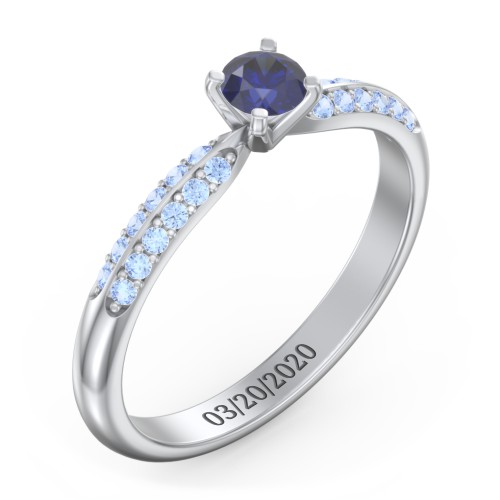 1/4 ct. Round Gemstone Engagement Ring with Double Row Accents – Sterling Silver with Blue Sapphire and Fancy Blue Premium Zirconia