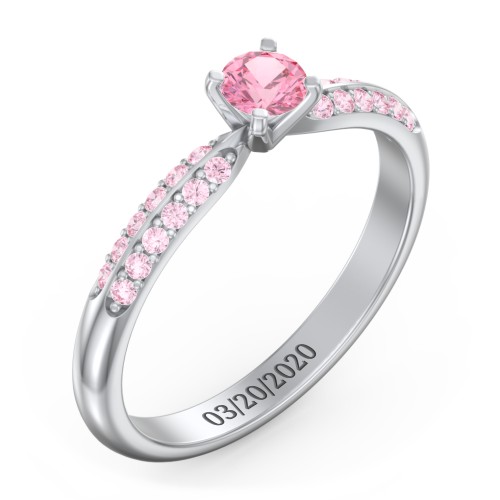 1/4 ct. Round Gemstone Engagement Ring with Double Row Accents – Sterling Silver with Pink Tourmaline and Fancy Pink Premium Zirconia