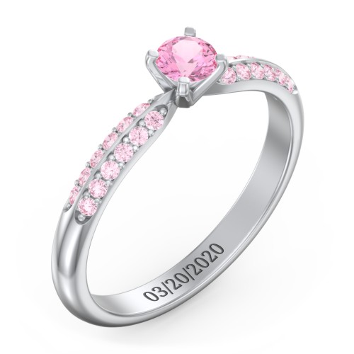 1/4 ct. Round Gemstone Engagement Ring with Double Row Accents – Sterling Silver with Pink Tourmaline and Fancy Pink Premium Zirconia