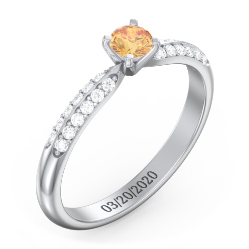 1/4 ct. Round Gemstone Engagement Ring with Double Row Accents – Sterling Silver with Citrine and White Premium Zirconia