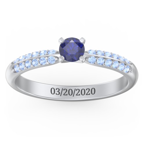 1/4 ct. Round Gemstone Engagement Ring with Double Row Accents – Sterling Silver with Blue Sapphire and Fancy Blue Premium Zirconia