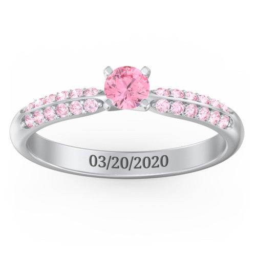1/4 ct. Round Gemstone Engagement Ring with Double Row Accents – Sterling Silver with Pink Tourmaline and Fancy Pink Premium Zirconia