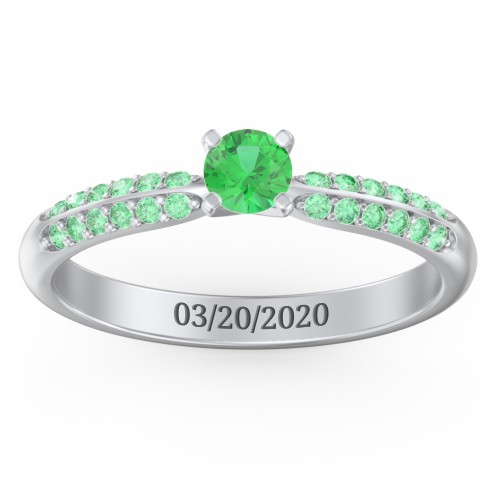1/4 ct. Round Gemstone Engagement Ring with Double Row Accents – Sterling Silver with Emerald and Green Premium Zirconia