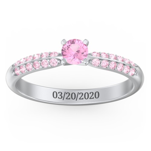 1/4 ct. Round Gemstone Engagement Ring with Double Row Accents – Sterling Silver with Pink Tourmaline and Fancy Pink Premium Zirconia