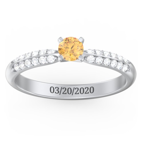 1/4 ct. Round Gemstone Engagement Ring with Double Row Accents – Sterling Silver with Citrine and White Premium Zirconia