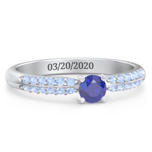 1/4 ct. Round Gemstone Engagement Ring with Double Row Accents – Sterling Silver with Blue Sapphire and Fancy Blue Premium Zirconia