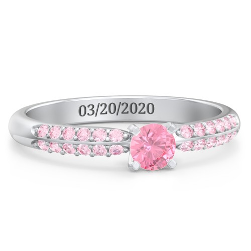 1/4 ct. Round Gemstone Engagement Ring with Double Row Accents – Sterling Silver with Pink Tourmaline and Fancy Pink Premium Zirconia