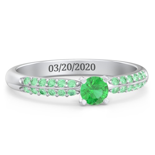 1/4 ct. Round Gemstone Engagement Ring with Double Row Accents – Sterling Silver with Emerald and Green Premium Zirconia