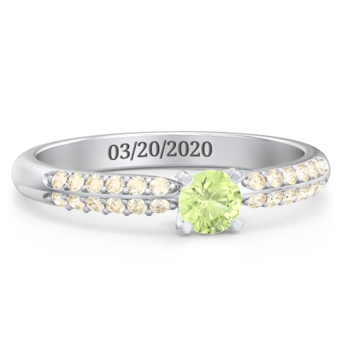 1/4 ct. Round Gemstone Engagement Ring with Double Row Accents – Sterling Silver with Peridot and Fancy Yellow Premium Zirconia