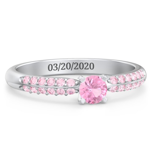 1/4 ct. Round Gemstone Engagement Ring with Double Row Accents – Sterling Silver with Pink Tourmaline and Fancy Pink Premium Zirconia