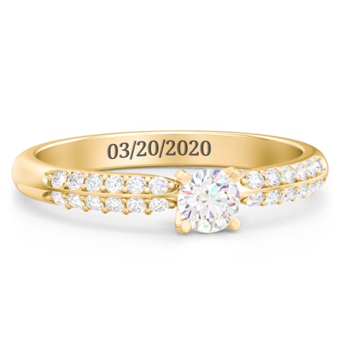 1/4 ct. Round Gemstone Engagement Ring with Double Row Accents – 10K Yellow Gold with White Sapphire and White Premium Zirconia