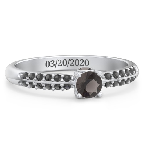 1/4 ct. Round Gemstone Peek-A-Boo Engagement Ring with Double Row Accents – Sterling Silver with Smokey Quartz and Black Premium Zirconia