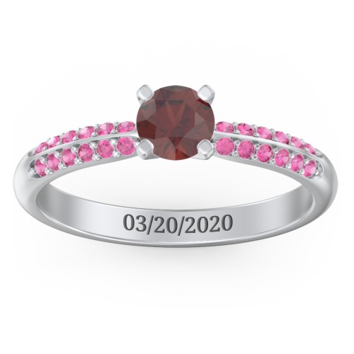 1/2 ct. Round Gemstone Engagement Ring with Double Row Accents – Sterling Silver with Garnet and Red Premium Zirconia