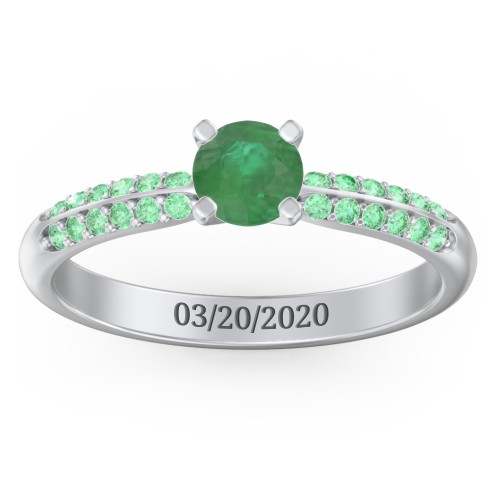 1/2 ct. Round Gemstone Engagement Ring with Double Row Accents – Sterling Silver with Emerald and Green Premium Zirconia