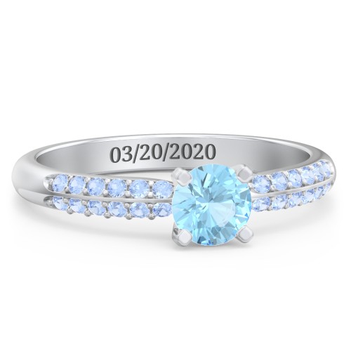 1/2 ct. Round Gemstone Engagement Ring with Double Row Accents – Sterling Silver with Blue Topaz and Fancy Blue Premium Zirconia