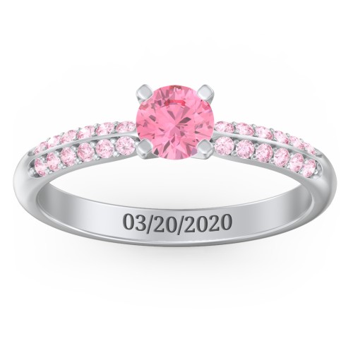 1/2 ct. Round Gemstone Engagement Ring with Double Row Accents – Sterling Silver with Pink Tourmaline and Fancy Pink Premium Zirconia