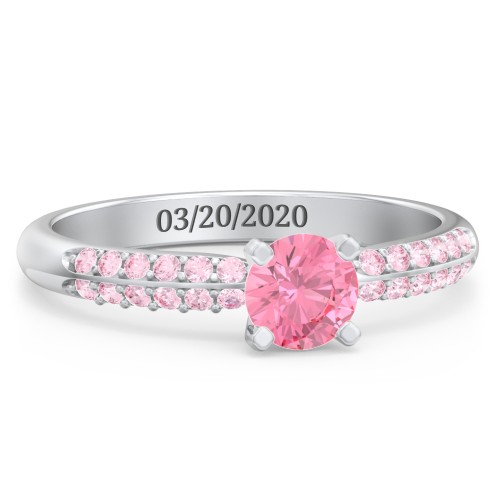 1/2 ct. Round Gemstone Engagement Ring with Double Row Accents – Sterling Silver with Pink Tourmaline and Fancy Pink Premium Zirconia
